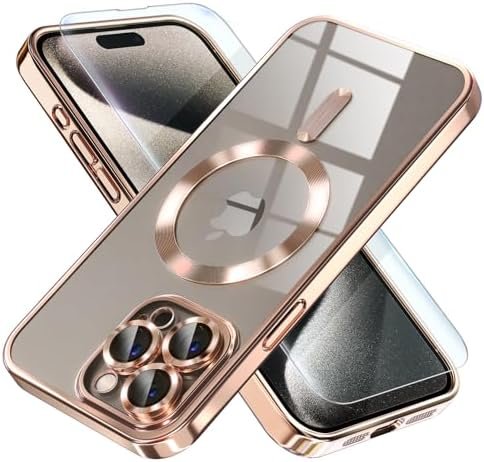 Magnetic for iPhone 15 Pro Max Case with MagSafe [Never Yellowing] [Military Grade Drop Protection] Full Camera Lens Protector Plating Soft Clear Phone Case for Women Girls, Gold