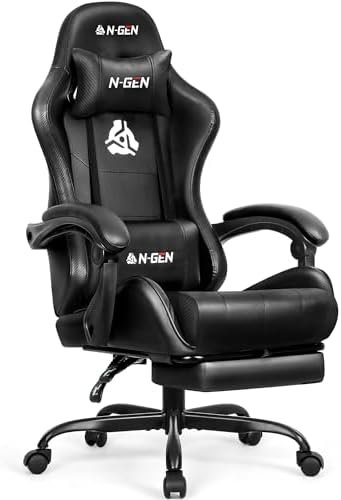 N-GEN Video Gaming Chair with Footrest High Back Ergonomic Comfortable Office Computer Desk with Lumbar Support Height Adjustable with PU Leather Recliner for Adults Women Men (Black)