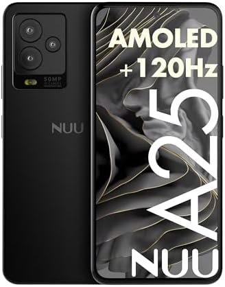 NUU A25 Unlocked Phone AMOLED 120Hz 6.7", Compatible with At&t, Tmobile, Mint, Cricket, Metro Pcs, Gaming Phones, Octa-Core Helio G99 6nm, Dual SIM 4G, 6GB + 128GB, 50MP Camera, Black