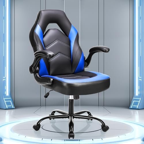 OLIXIS Big and Tall Office Desk Leather Gaming Computer Chair with Adjustable Swivel Task and Flip-up Arms for Adults,Teens - Blue