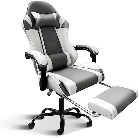 YSSOA White Gaming Chair with Footrest, Big and Tall Gamer Chair, Racing Style Adjustable Swivel Office Chair, Ergonomic Video Game Chairs with Headrest and Lumbar Support