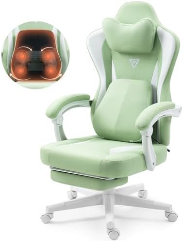 Gaming Chair with Heated Massage Lumbar Support, Breathable Fabric Office Chair with Pocket Spring Cushion and Footrest, Recliner High Back PC Chair for Adult Green