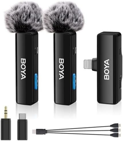 BOYA BOYALINK A2 Wireless Lavalier Microphone for iPhone/Android/Camera Vlogging, All-in-One Lapel Dual Mic System & Lightning & USB-C Inputs for Smartphones/DSLR YouTube Facebook Live