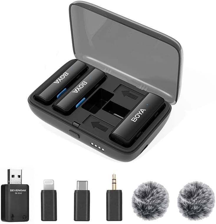 BOYA Wireless Lavalier Microphone for iPhone/Android/Camera Vlogging, BOYALINK All-in-One Lapel Dual Mic System & Lightning & USB-C & USB-A Inputs & Battery Case for Smartphones/DSLR YouTube Facebook