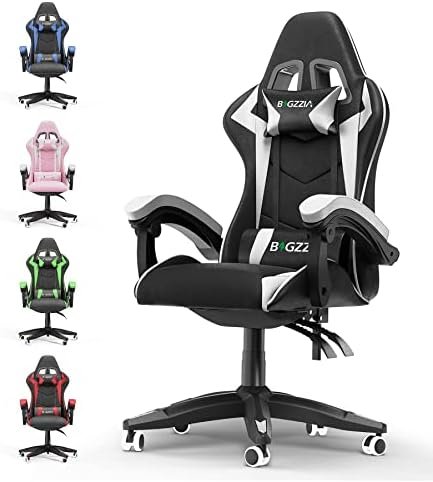 Bigzzia Gaming Chair Office Chair, Reclining High Back PU Leather Computer Desk Chair with Headrest and Lumbar Support Adjustable Swivel Rolling Video Game Chairs Ergonomic Racing Chair（Black/White）