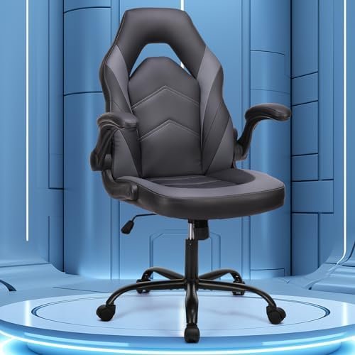 Ergonomic Computer Gaming Chair with Adjustable High Backrest,Flip-up Armrests and Lumbar Support,PU Leather,Grey