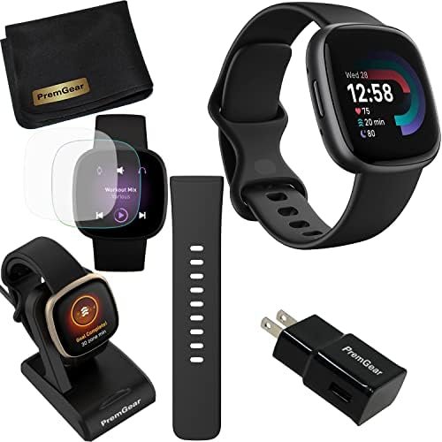 Fitbit Versa 4 Health and Fitness Smart Watch (Black/Graphite) with Built-in GPS, 6 Day Battery Life, S & L Bands, Bundle with 3.3foot Charge Cable, Wall Adapter, Screen Protectors & PremGear Cloth
