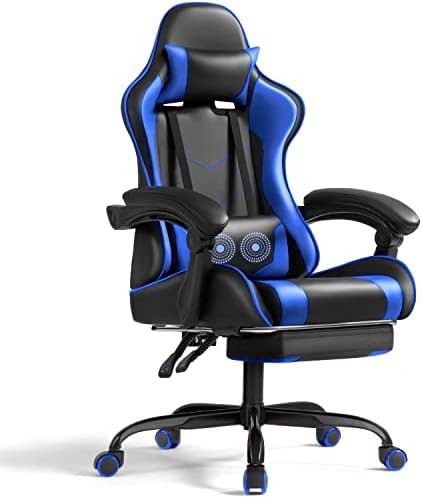 Footrest and Massage Lumbar Support, Video Game Chairs Height Adjustable Seat with Headrest for Office or Bedroom, Study Room, Blue