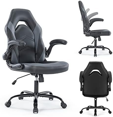 Gaming Chair Office Chair Flip-up Armrest Chair with Soft Padded Height Adjustable Desk Chair Computer Chair with Lumbar Support for Gaming, Working, Grey