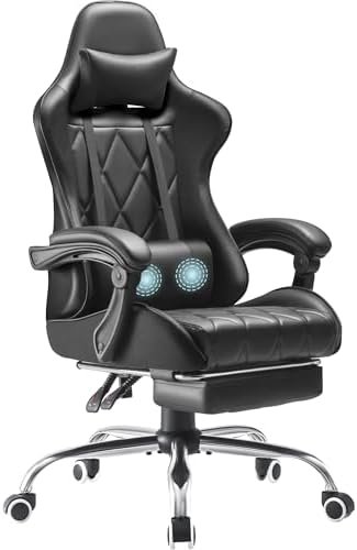 Gaming Chair with Footrest and Massage Lumbar Support, Ergonomic Computer Seat Height Adjustable with 360°Swivel and Headrest, Black
