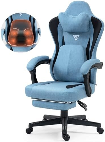 Gaming Chair with Heated Massage Lumbar Support, Breathable Fabric Office Chair with Pocket Spring Cushion and Footrest, Recliner High Back PC Chair for Adult Blue