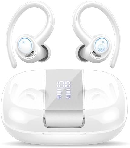 Headphones Wireless Earbuds Sport, Bluetooth 5.3 Over Ear Buds Stereo Deep Bass Headset with Earhooks, 48H Wireless Earphones with HD Mic, IP7 Waterproof Earbud for Sports/Running/Workout White