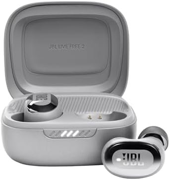 JBL Live Free 2: 35 Hours of Playtime, True Adaptive Noise Cancelling, Smart Ambient, and beamforming mics (Silver), Small