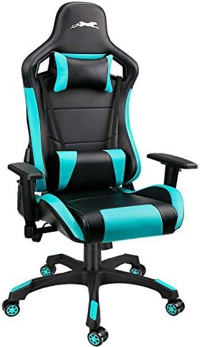 Leopard Gaming Chair, High Back PU Leather Office Chair, Adjustable Video Gaming Chairs, Swivel Racing Chair with Adjustable Armrest (Black/Light Blue)