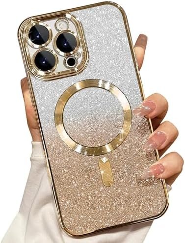 Misscase for iPhone 15 Pro Max Magnetic Glitter Case Compatible with MagSafe,Camera Lens Protector Full Protection Elegant Anti-Scratch Dust-Proof Net Case Cover for iPhone 15 Pro Max Gold