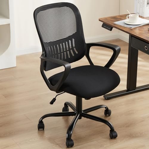 Office Computer Desk Chair, Ergonomic Mid-Back Mesh Gaming Rolling Work Swivel Task Chairs with Wheels, Comfortable Lumbar Support, Comfy Arms for Home, Bedroom, Study, Student, Adults, Black