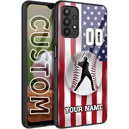 Personalized Baseball vs Name Number US Flag Decor Rubber Cover Phone Case for Samsung Galaxy A15/A25/A14/A54/A53/A03S/A02S/A12/A13/A32/A42/A51/A52/A71 Custom Baseball Phone case (America Flag)