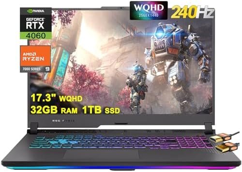 ROG Strix G17 G713 Gaming Laptop 17.3″ WQHD IPS 240Hz AMD 12-Core Ryzen 9 7845HX (Beat i9-12900H) 32GB DDR5 1TB SSD GeForce RTX 4060 8GB USB-C RGB Backlit Fast Charging Win11 Black + HDMI Cable
