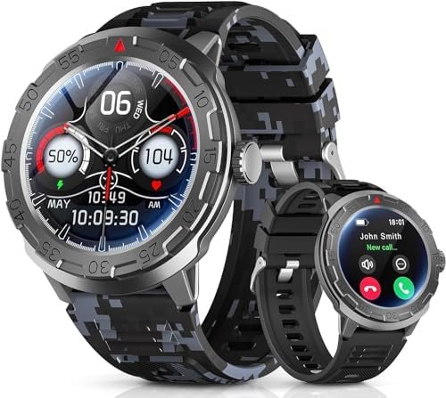 Smart Watch for Android iOS, Bluetooth Call, 100+ Sports Modes, 1.46″ AMOLED Rugged Military Fitness Watch, Heart Rate/Sleep/Fitness Tracker, IP68 Waterproof Smartwatch for Men Women(Camo+Black Bands)