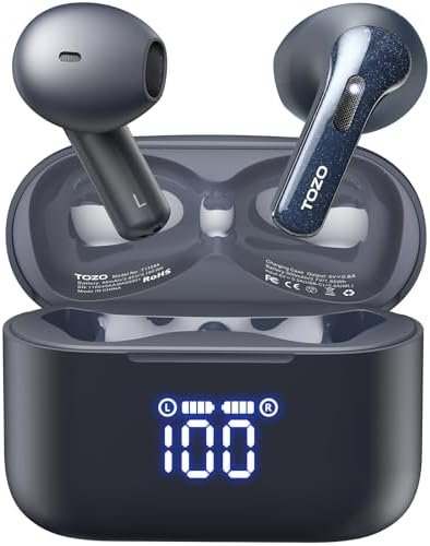 TOZO T21 Wireless Earbuds, 5.3 Bluetooth Headphone, Sem in Ear with Dual Mic Noise Cancelling, IPX8 Waterproof, 44H Playback Stereo Sound with Power Display Wireless Charging Case Blue
