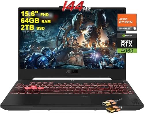 TUF Gaming A15 Laptop 15.6″ FHD 144Hz (100% sRGB) AMD Zen4 Octa-core Ryzen 9 7940HS (Beats i9-12900H) 64GB RAM 2TB SSD GeForce RTX 4060 8GB Graphic RGB Backlit USB4 Win11 Gray + HDMI Cable