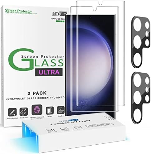 amFilm Compatible with Samsung Galaxy S23 Ultra Screen Protector Tempered Glass and Camera Lens Protector 5G 6.8 inch, Fingerprint Sensor Compatible, UV Gel Adhesive Installation(2 Pack)