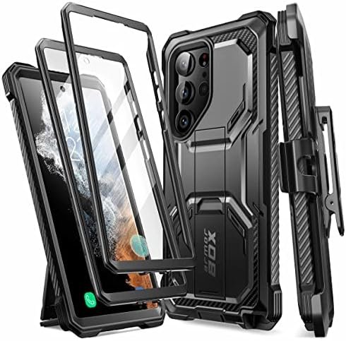 i-Blason Armorbox Designed for Samsung Galaxy S23 Ultra Case with Kickstand & Belt Clip, [2 Front Frames] Full-Body Rugged Bumper Case with Built-in Screen Protector [Support Fingerprint ID] (Black)
