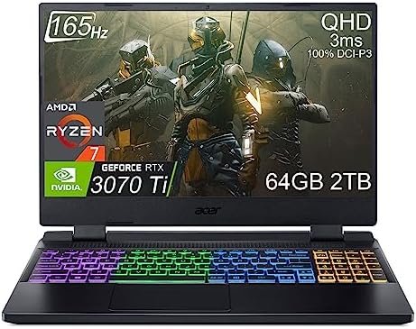 Acer Nitro 5 Gaming Laptop (15.6″ QHD 165Hz, AMD 8-Core Ryzen 7 6800H (Beat i7-12650H), NVIDIA GeForce RTX 3070 Ti 8GB, 64GB DDR5 RAM, 2TB PCle SSD) RGB Backlit, Webcam, WiFi 6E, Win 11 Home, Black