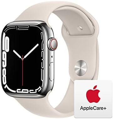 Apple Watch Series 7 [GPS + Cellular 45mm] Smart Watch w/Silver Stainless Steel Case with Starlight Sport Band. Fitness Tracker, Blood Oxygen & ECG Apps, Always-On Retina Display, Water Resistant