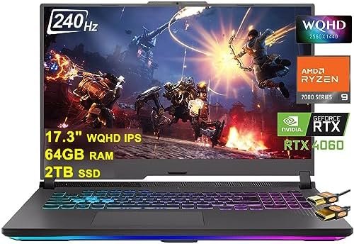 Asus ROG Strix G17 G713 Gaming Laptop 17.3″ WQHD IPS 240Hz AMD 12-Core Ryzen 9 7845HX (Beat i9-12900H) 64GB RAM 2TB SSD GeForce RTX 4060 8GB USB-C RGB Backlit Fast Charging Win11 Black + HDMI Cable