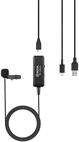 BOYA BY-DM10 Digital Omnidirectional Lavalier Microphone with Lightning & USB Output Cables for iPhone, iPad & MAC/PC Computers, Black