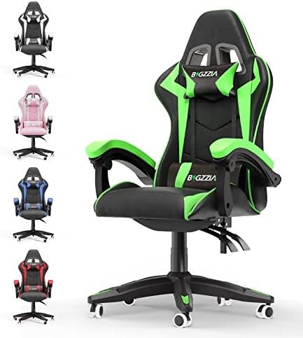 Bigzzia Gaming Racing Chair with Headrest and Lumbar Support, Adjustable Swivel Rolling for Office, Reclining High Back PU Leather Video Game Computer Desk Chair Ergonomic , Green