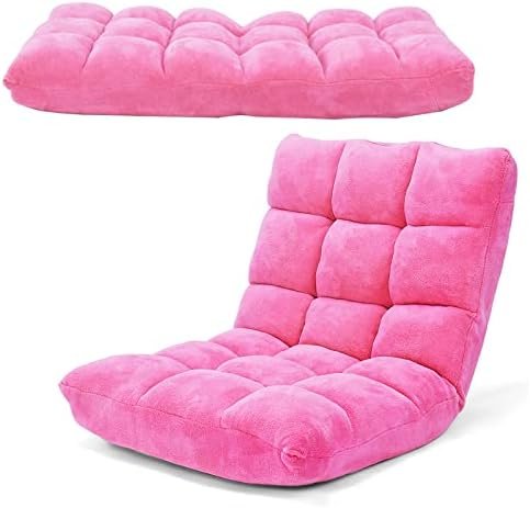 COSTWAY Floor Chair, Video Gaming Chairs with Back Support, Adjustable 14-Position, Alloy Steel Frame, Soft Coral Fleece, Lazy Sofa Lounge for Reading Living Room Recliner for Adults Kids, Pink