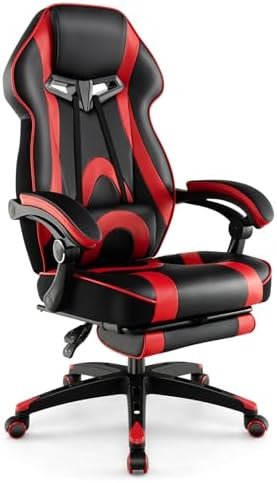 COSTWAY Gaming Chair, Ergonomic Adjustable Racing Video Game Chair w/Retractable Footrest, Padded Headrest & Lumbar Support, High Back Reclining Home Office Computer Gamer Chair for Adults (Red)