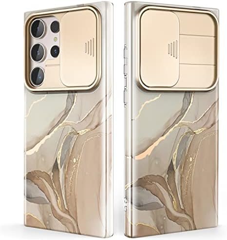 Chvelop Case for Samsung Galaxy S23 Ultra 5G with Slide Camera Cover, [Military Grade Drop Protection] Shockproof Protective Phone Case for Galaxy S23 Ultra 6.8 Inch-Brown/Golden