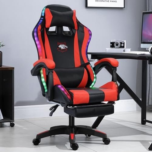 Ergonomic Gaming Chair, Bluetooth Speakers and LED RGB Lights Massage Lumbar Support Computer Gaming Chairs 360 Degree Swivel Height Adjustment Video Gaming Chair Black & Red