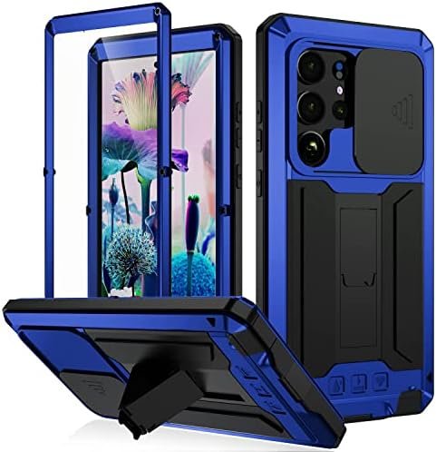 FW Samsung Galaxy S23 Ultra Metal Case with Slide Camera Cover Built in Screen Protector Full Body Hybrid S23 Ultra Case Metal Kickstand Military Heavy Duty Armor Silicone Case for Man Woman (Blue)