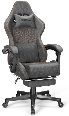 Ferghana Vintage PU Leather Gaming Chair, High Back Gamer Chair with Massage, Ergonomic Computer Office Chair with Footrest for Adults, Racing Style Reclining Video Game Chair Steel Gray