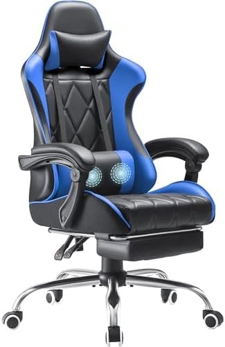 Gaming Chair with Footrest and Massage Lumbar Support, Video Computer Seat Height Adjustable with 360°Swivel and Headrest, Blue