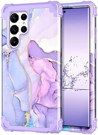 Hekodonk for Samsung Galaxy S23 Ultra Case,Heavy Duty Shockproof Protection Hard Plastic+Silicone Rubber Hybrid 3 in 1 Drop Protective Case for Samsung Galaxy S23 Ultra Purple Marble