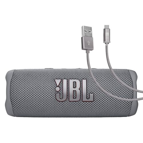 JBL Flip 6 (Gray) + Bundle with Case Logic Braided USB Type-C Charge & Sync Cable (6 ft, Gray)
