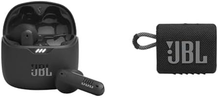 JBL Tune Flex – True Wireless Noise Cancelling Earbuds (Black), Small & Go 3: Portable Speaker with Bluetooth, Built-in Battery, Waterproof and Dustproof Feature – Black