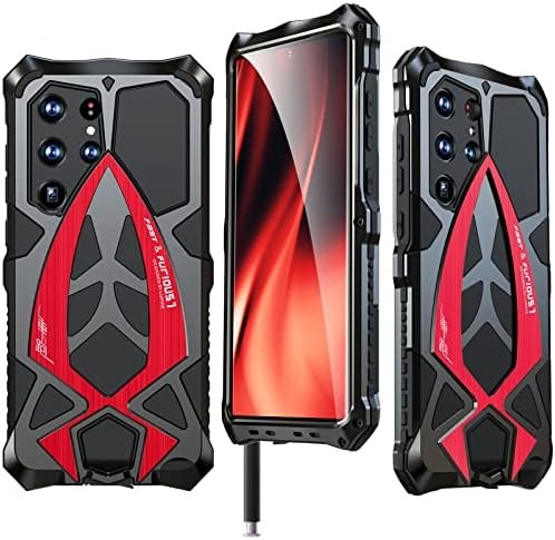 KumWum Armor Phone Case for Samsung Galaxy S23 Ultra Military Grade Drop Protection Cover S23Ultra 5G Heavy Duty Hybrid Metal Bumper Built-in Silicone Shockproof Dustproof – Black + Red