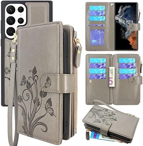 Lacass Compatible with Samsung Galaxy S23 Ultra 5G 2023 Case,[12 Card Slots] ID Credit Cash Holder Zipper Pocket Detachable Magnet Leather Wallet Cover with Wrist Strap Lanyard (Floral Gray)