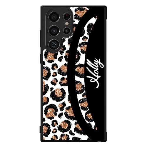 Leopard Skin Curvy Gold Personalized Black Rubber Phone Case Compatible With Samsung Galaxy S24 S24+ S24 Ultra S23 FE S23+ Ultra S22 S22+ S21 S21FE S21+ S20FE Note 20 S10