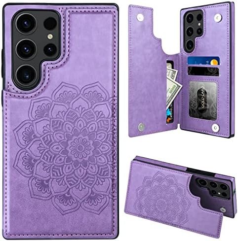 MMHUO for Samsung S23 Ultra Case with Card Holder,Flower Magnetic Back Flip Case for Samsung Galaxy S23 Ultra Wallet Case for Women,Protective Case Phone Case for Samsung Galaxy S23 Ultra 5G,Purple
