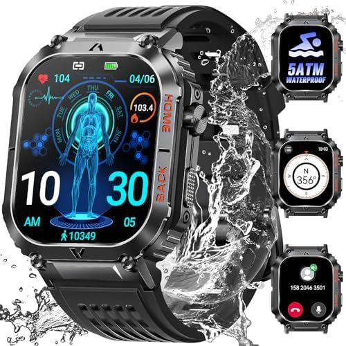 Military Smart Watch for Men 5ATM Waterproof Dive Watch 2.02” HD Big Screen Fitness Tracker with Compass Rugged Tactical Smartwatch with Heart Rate Sleep Monitor Weather Pedometer for iPhone Android