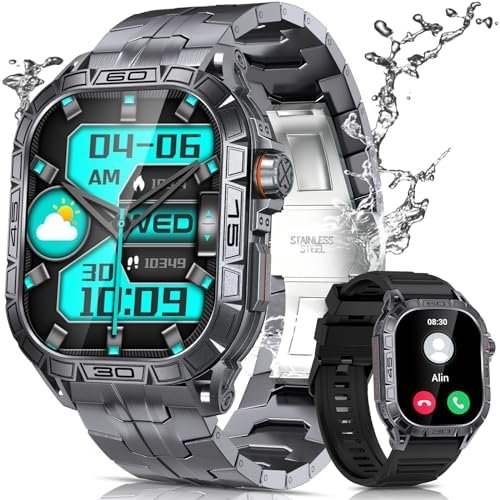 Military Smart Watch for Men with 1.96" AMOLED Screen, IP68 Waterproof Smartwatch with Bluetooth Call/Health Monitor/Sleep Monitor, 100+ Sports Moeds Fitness Tracker for iOS Android