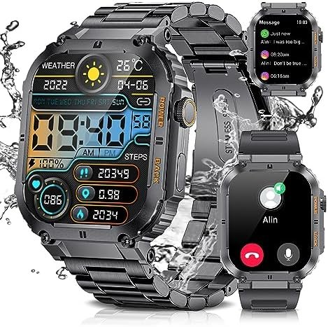 Military Smart Watches for Men(Answer/Dial Calls), 1.96” HD Fitness Watch with Heart Rate/Blood Oxygen Monitor, AI Voice/400mAh Battery, IP67 Waterproof Rugged Outdoor Smartwatch for Android iOS…