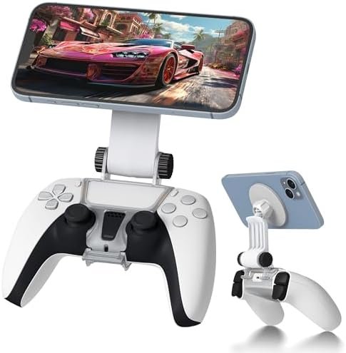 Orzero Magnetic Controller Phone Mount Clip Compatible for PS5 Dualsense Controller, Adjustable Mag-Safe Holder Accessories for iPhone and Android Phones Remote Stream Gaming – Silver